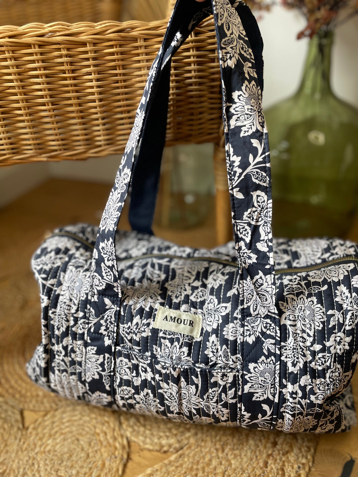 Sac Week-end coton matelassé imprimé Floral Bleu & Blanc