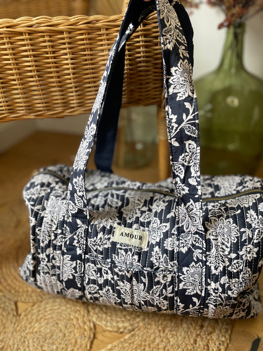 Sac Week-end coton matelassé imprimé Floral Bleu & Blanc