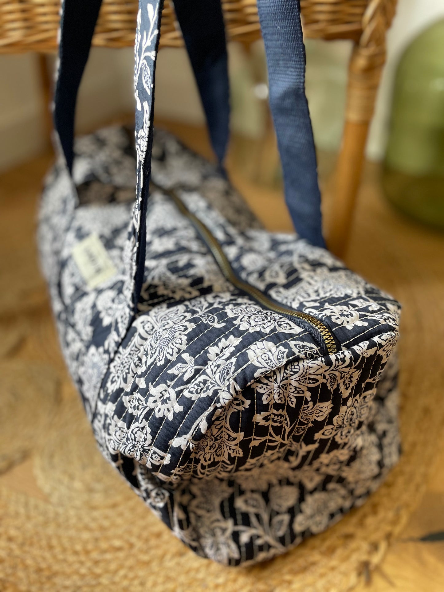 Sac Week-end coton matelassé imprimé Floral Bleu & Blanc